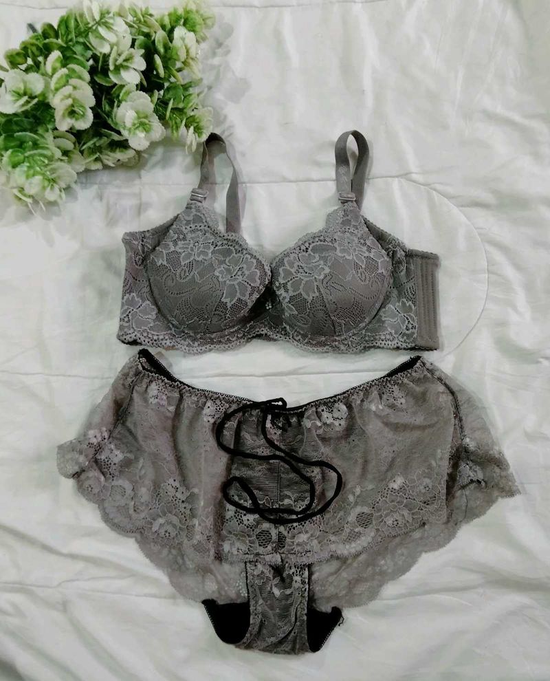 Gray Fancy Net Bra Panty Set