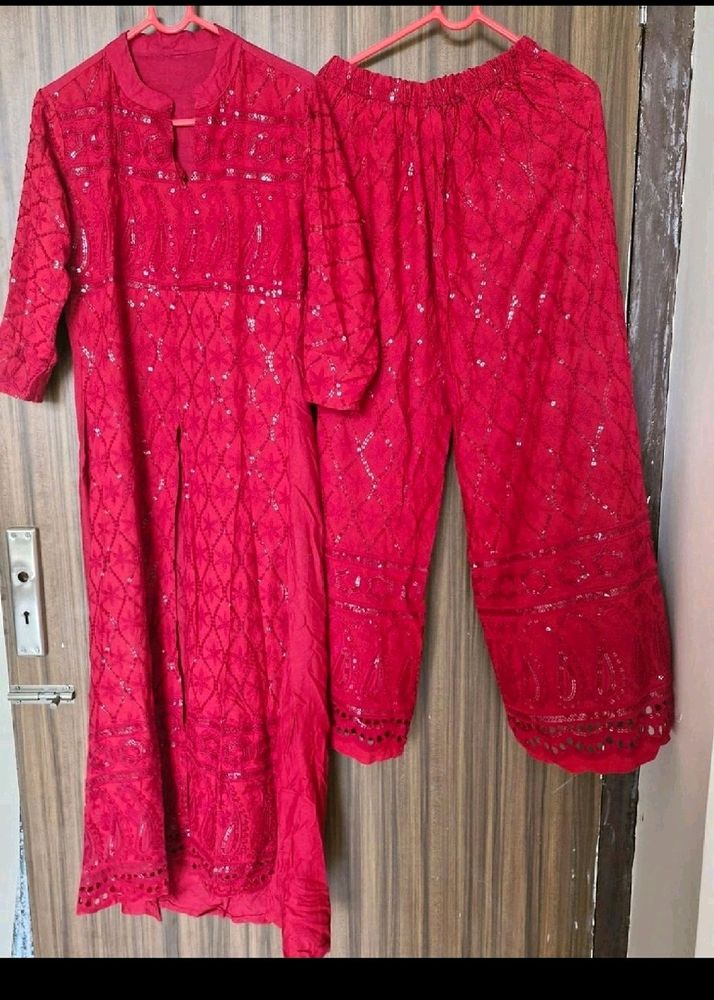 Red Chickenkari Work Kurta Set