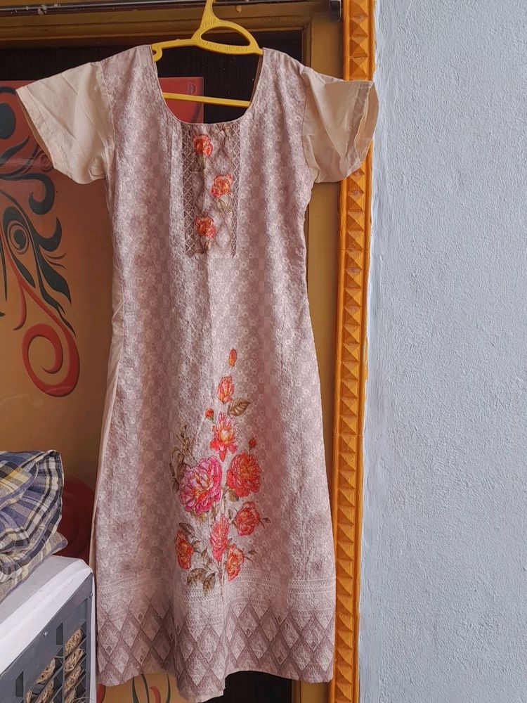 Cream Color Worked  Beautiful Kurta With Dupatta