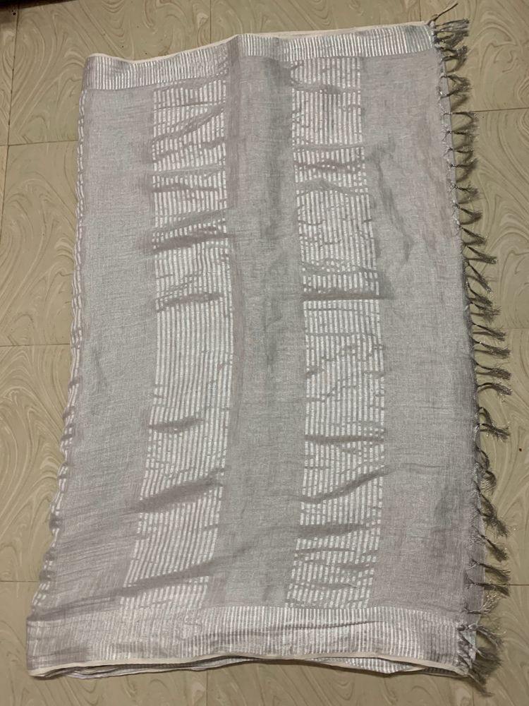 Silver Jari Linen Silk Saree