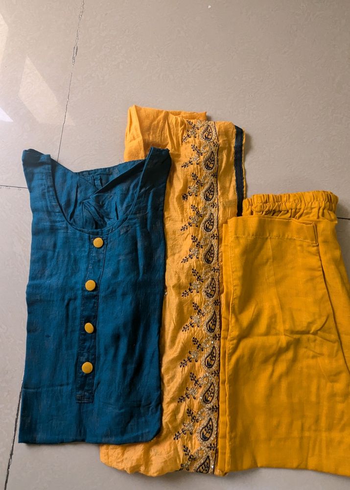 Mustard Peacock Color Kurta Set Embroided