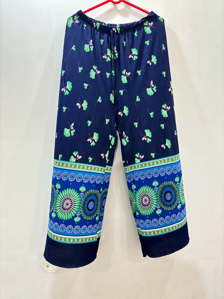 Navy Blue Synthetic Straight Printed Pyjama