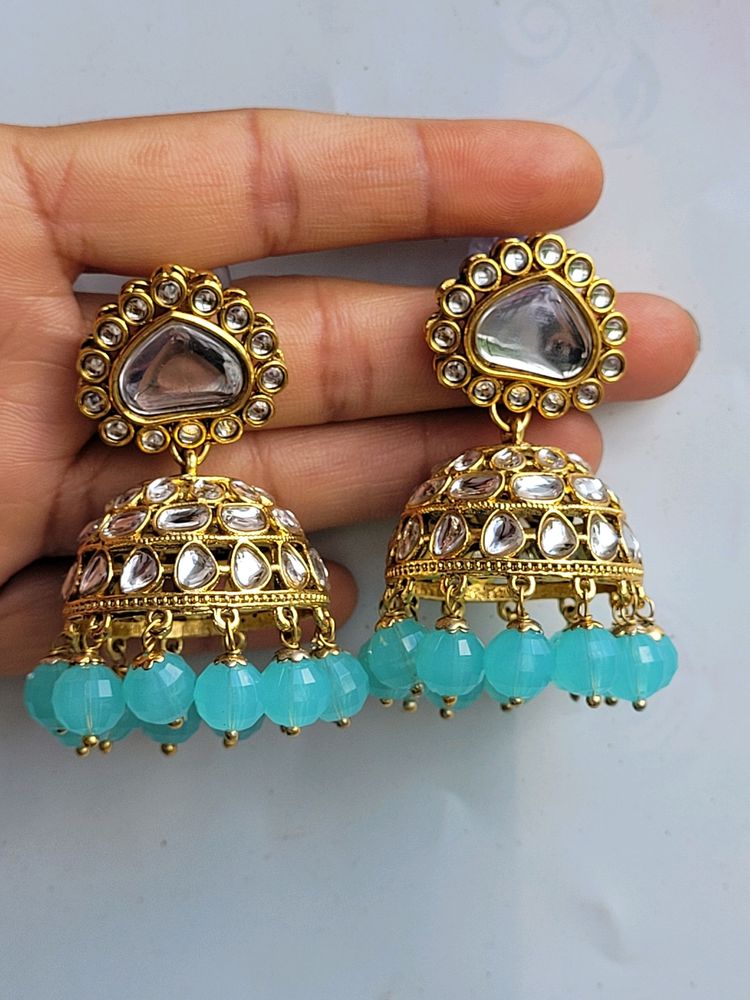 Turquoise Blue Kundan Jhumka Set