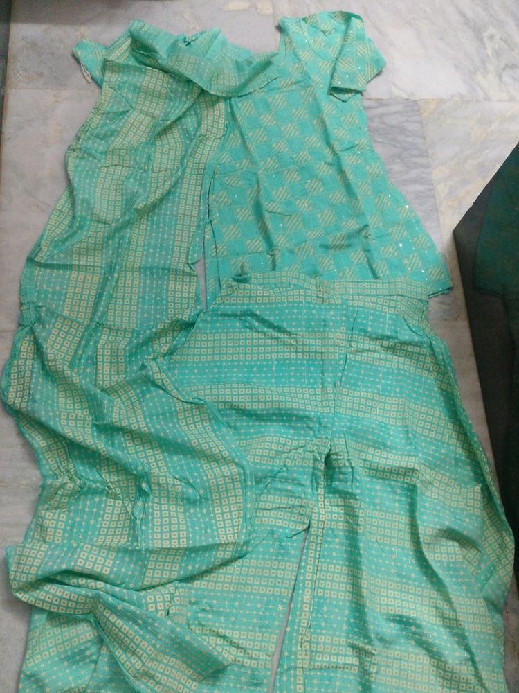 Sea Green Blue Mix Plazo Kurta Dupatta Set