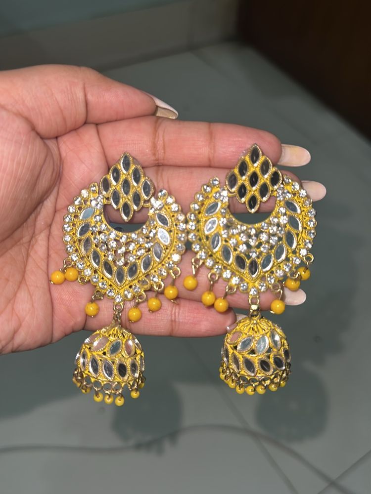 Yellow Mirror Work Jhumka