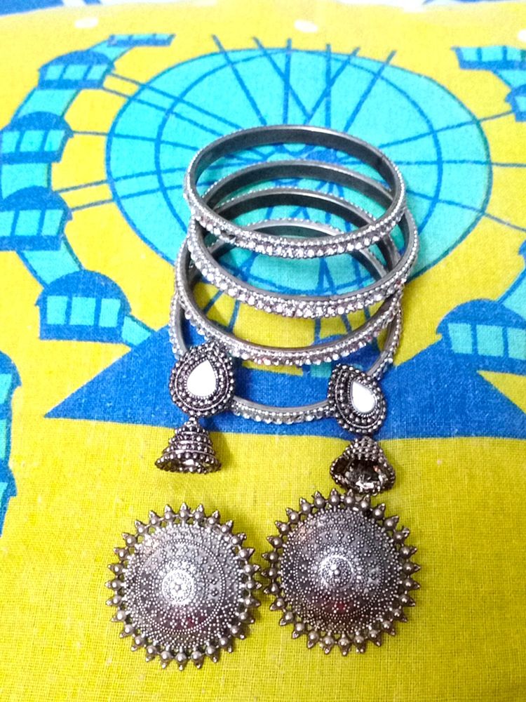 Silver Gildn Bangles With 3 Pair Earring And Ring