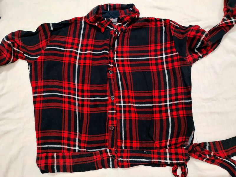 Trendy Crop Checked Shirt With Side Knot