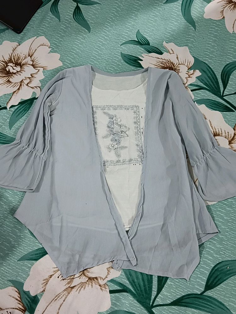 Grey Georgette Attached  Jacket And  White Coton T