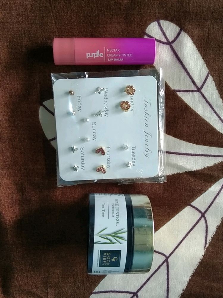 Combo Of Lip Balm, Face Scrub & Earrings