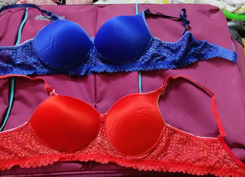 36B Red N Blue Padded Bra With Lace