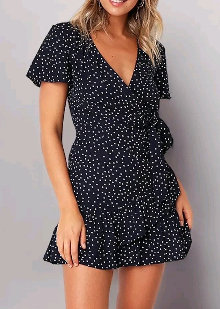 Relipop Polka Dot Black Wrap Up Dress