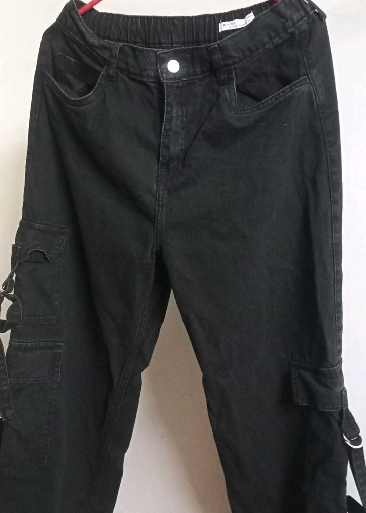 Charcoal Black Denim Cargo Jeans