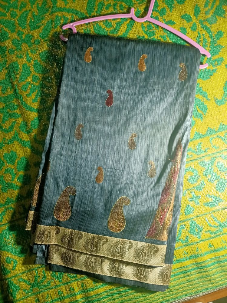 Silk Banarasi Saree Grey Blue Women's Bengali Sari