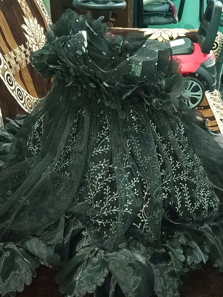 Black Velvet Ballon Frock With Attached Net