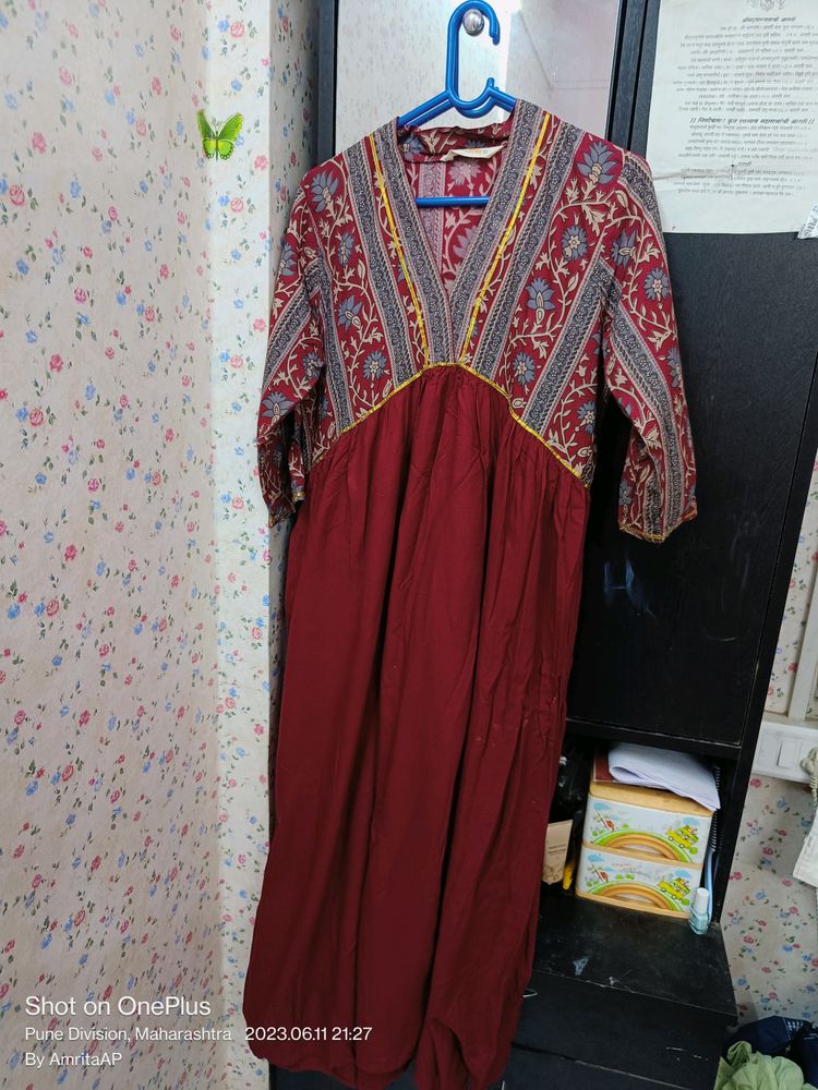 Long Maroon Cotton Kurta