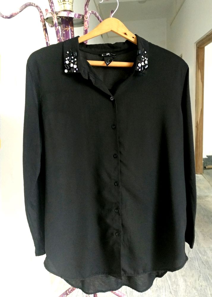 H&M Black Beaded Stone Collared Shirt