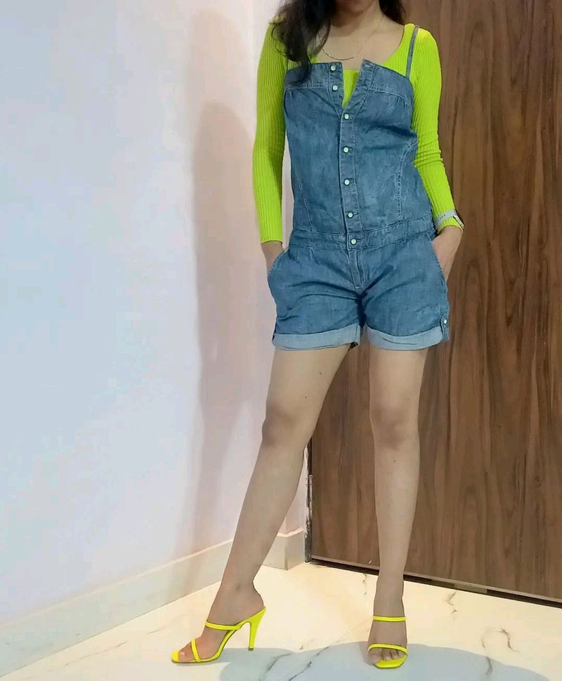 COMBO- Short Length Dungaree & Neon Crop Top