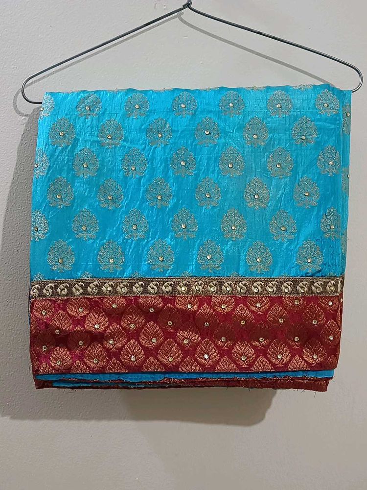 Banarasi SkyBlue Maroon And Gold With Stone Saree