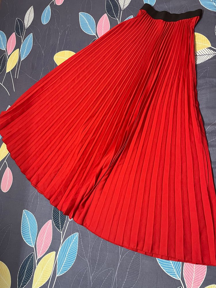 Bright Red Pleated Skirt for Women