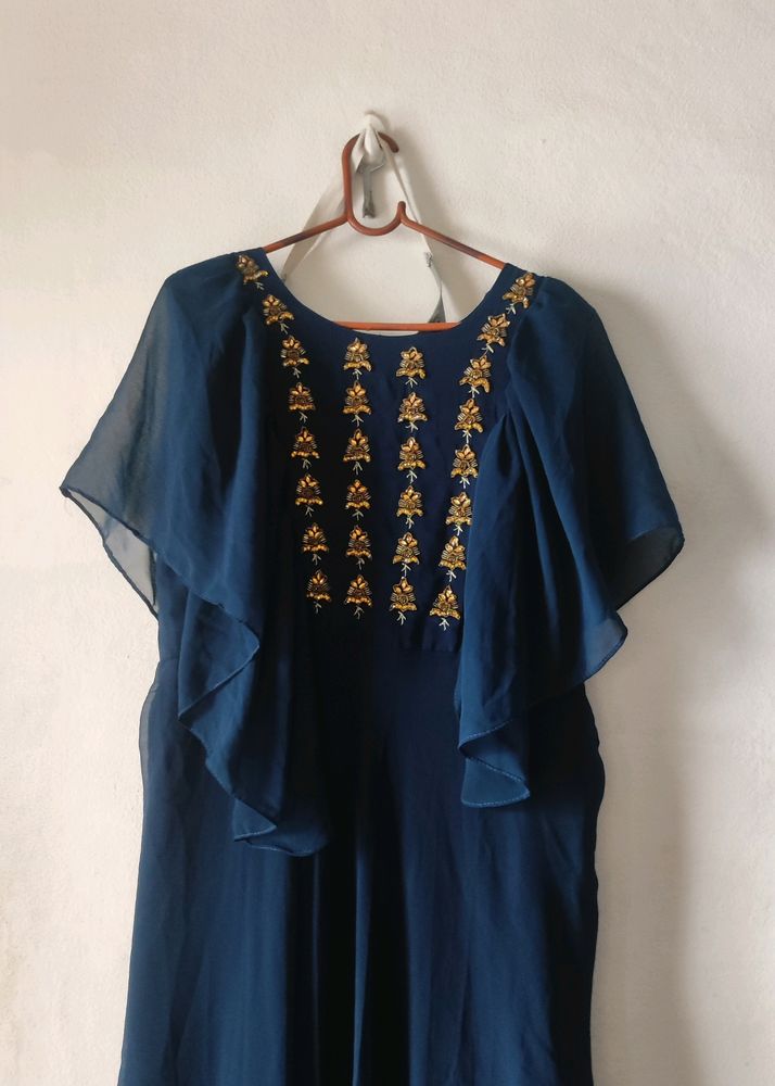 Navy Blue Gown With Ruffel Sleeves