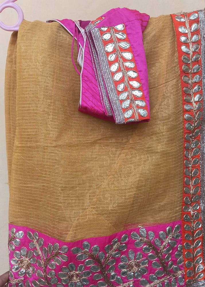 Yellow Saree With Heavy Pink Border And blouse!