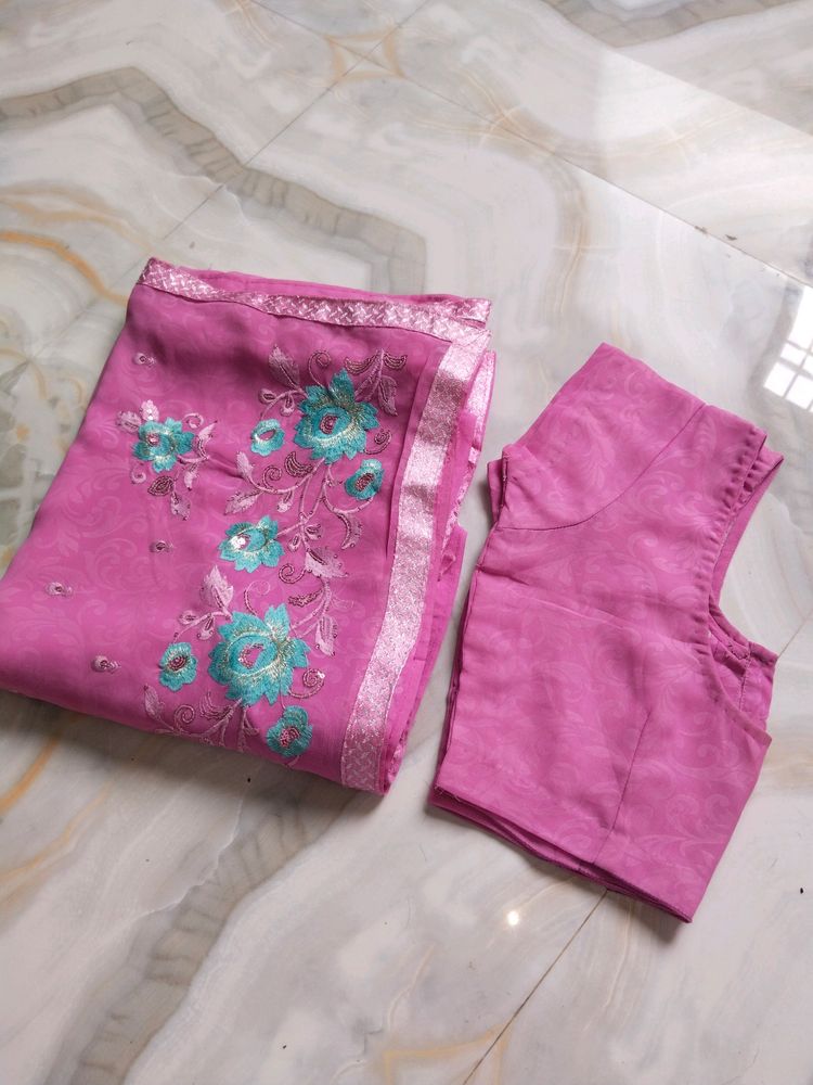 Pink Embroidered Saree With Stitched Blouse ✨