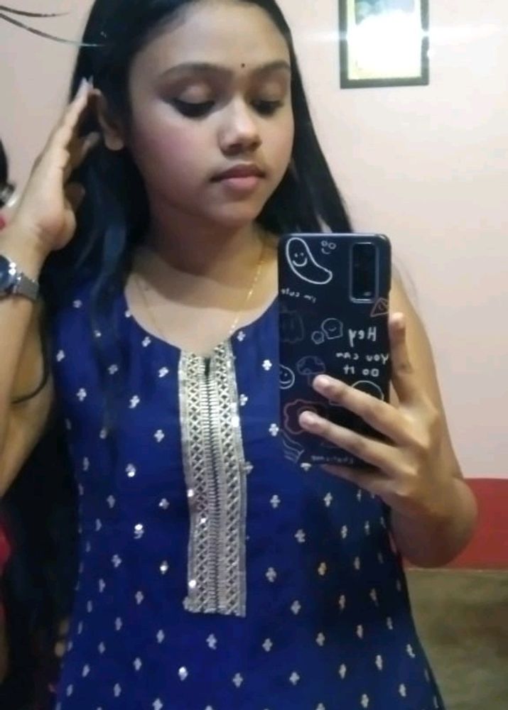 Navy Blue Kurti With Golden Hand Work👑 Tieup Neck