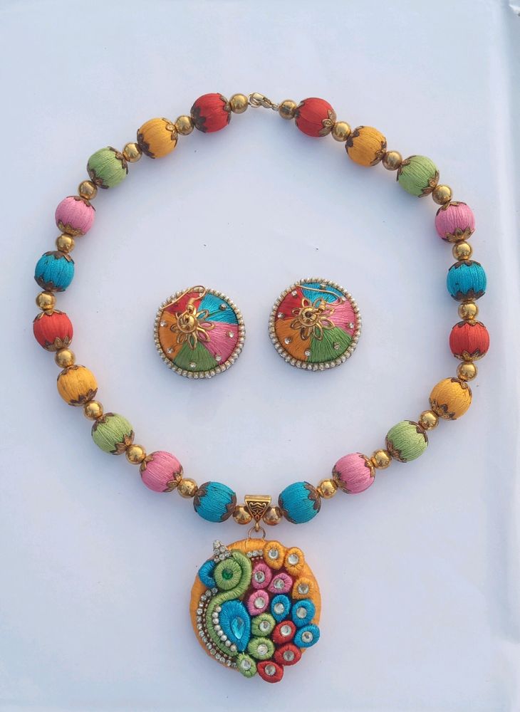 silk thread multicolour necklace and earrings set