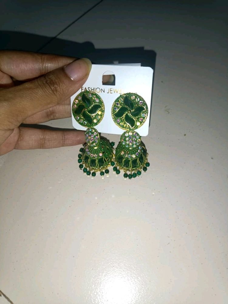 Green Stoned & Red Crystal Earrings