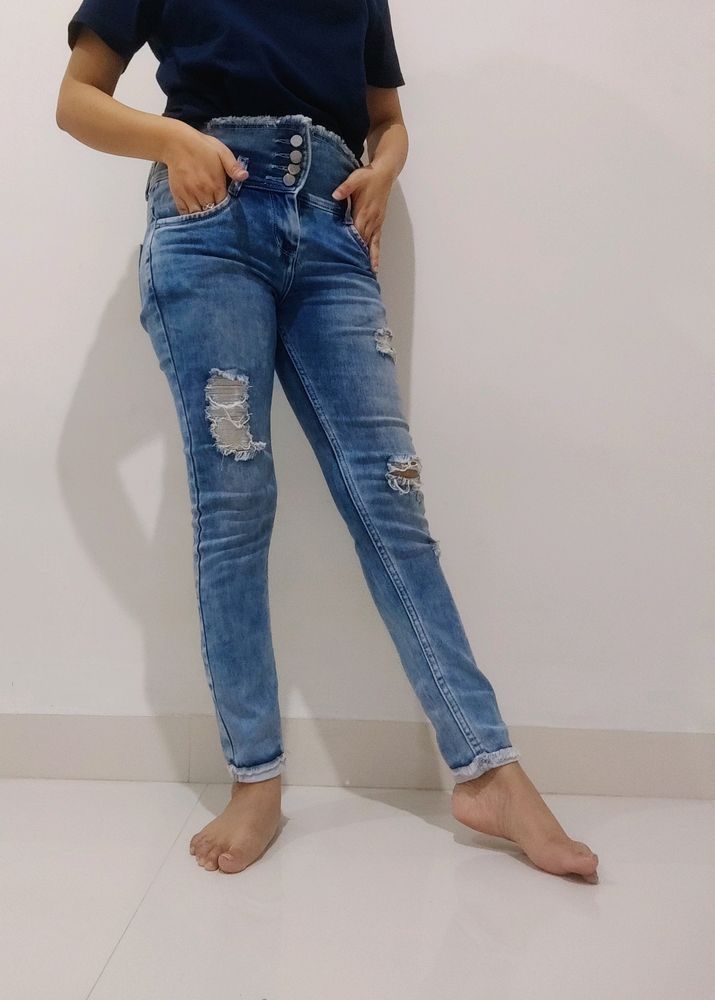 High Waist Wrecked Denim Jeans For Women Girls