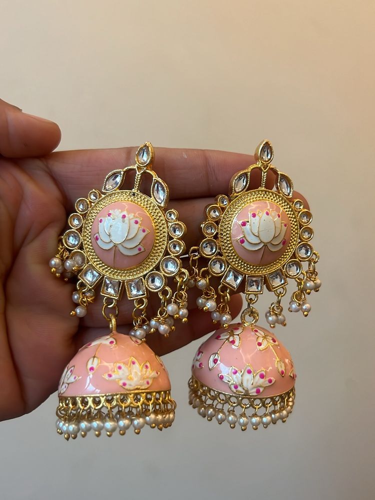 Pink Kundan Stylish Jhumka With Pearl