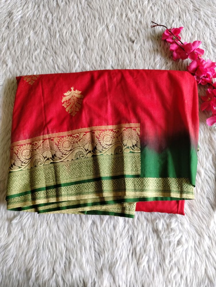 Red And Green With Zari Printed Saree (Women)