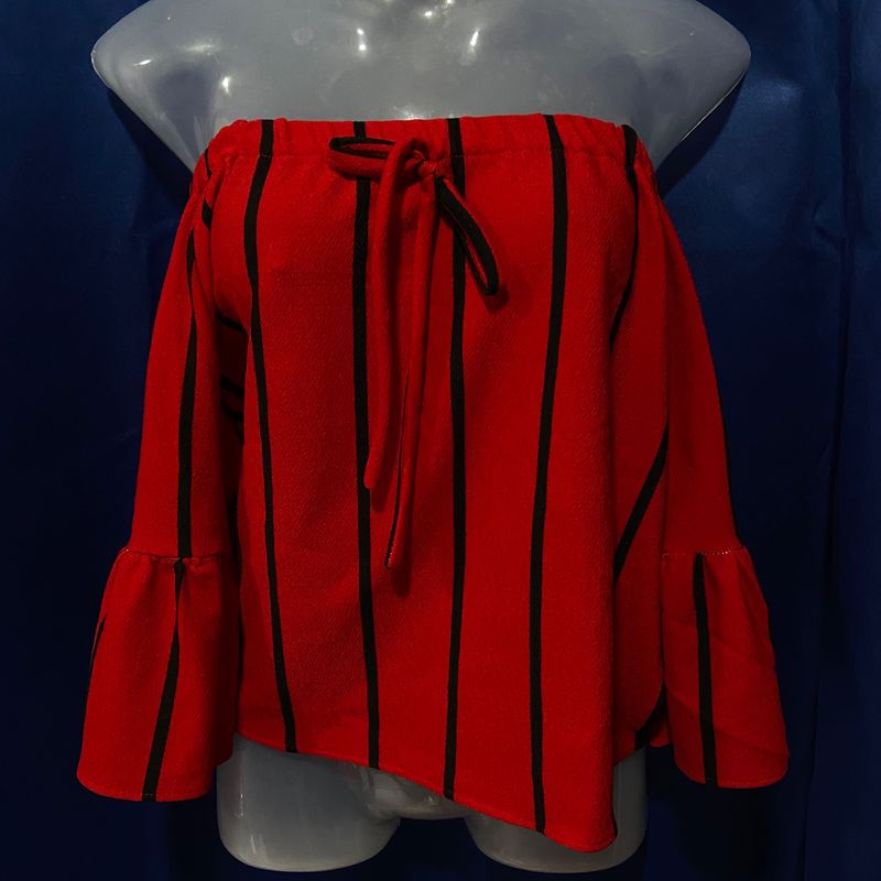 Red & Black Off-Shoulder Crop Top With Bell Sleeve