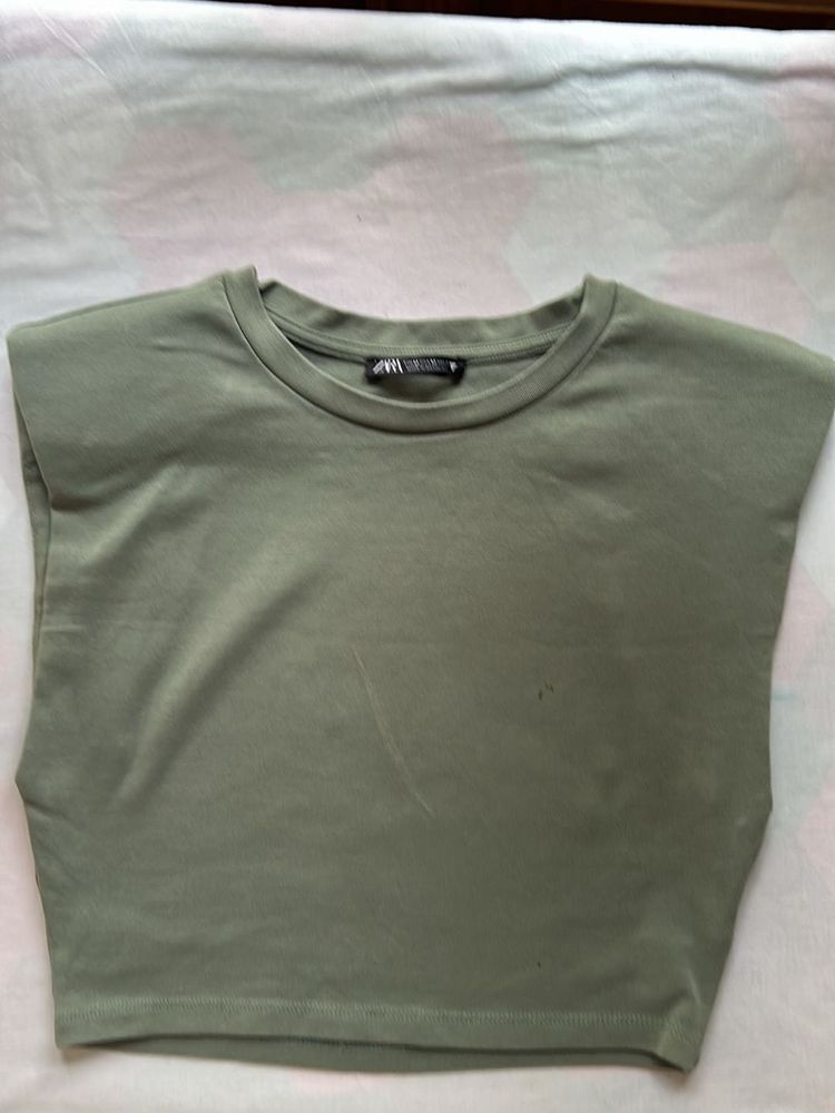 28 Zara Olive Padded Cut Sleeves Top