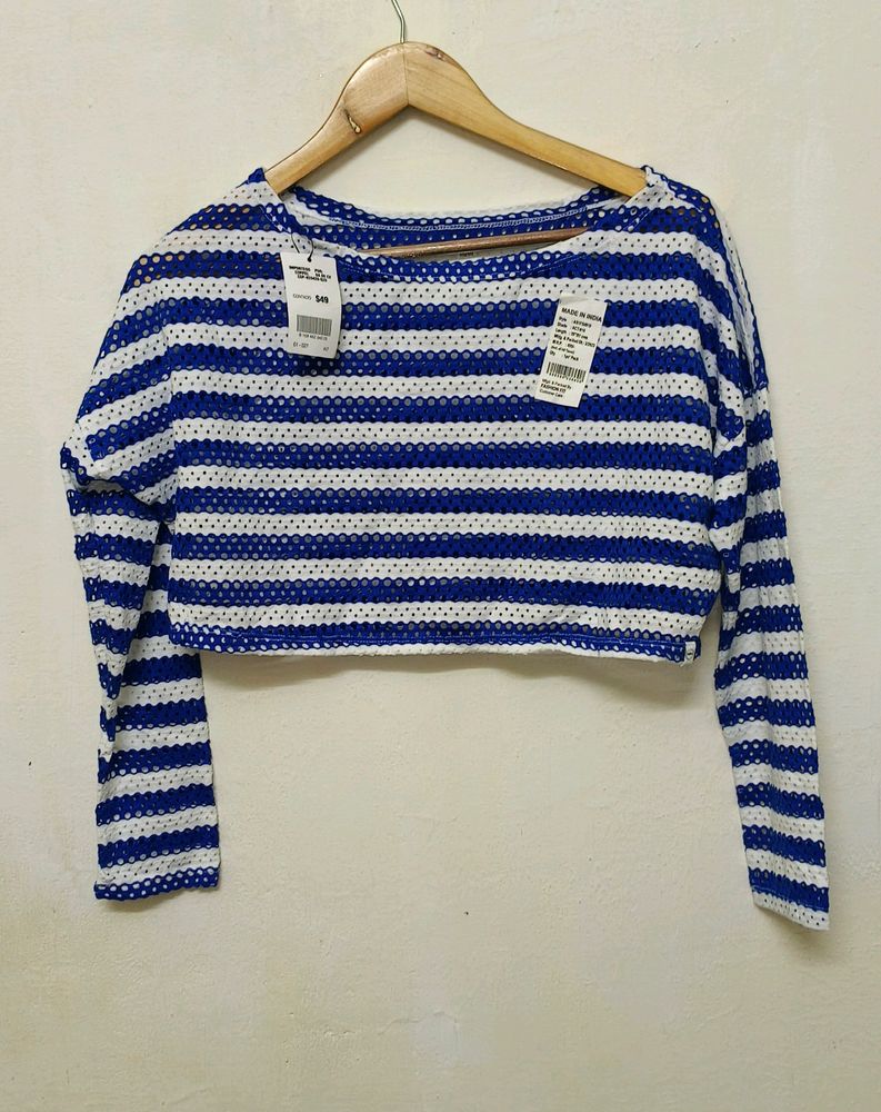 Trendy New Blue White Stripe Crop Top/Top For Wom