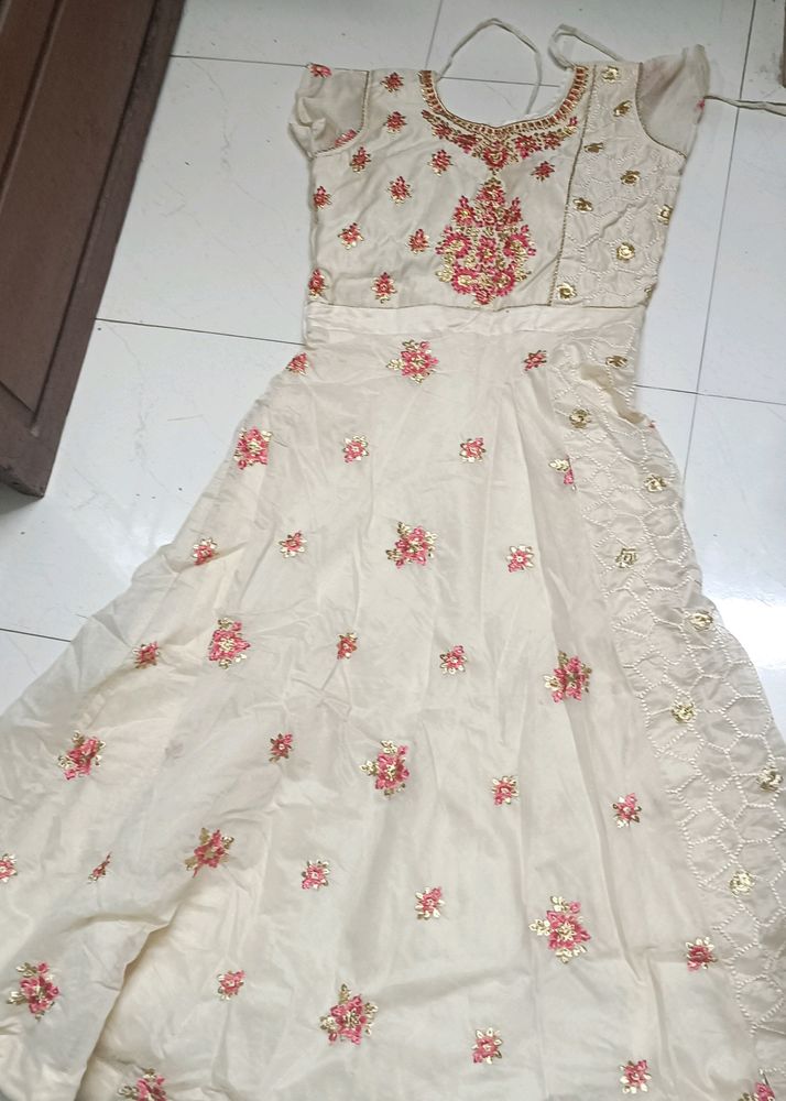 Half White Gown With Pant And Net Dupatta