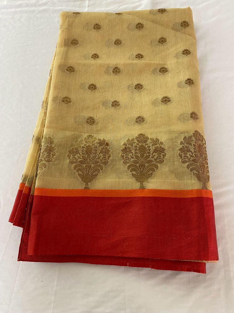 Cream Printed Cotton Silk Saree (Women)