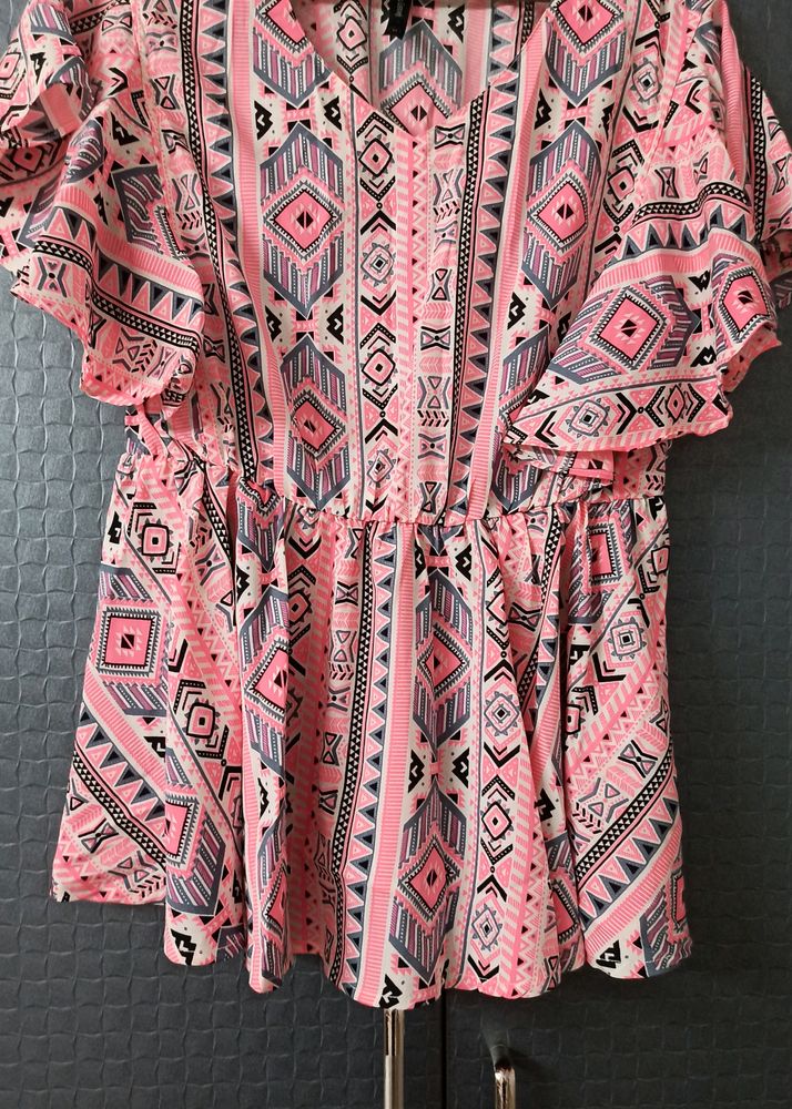 Baby Pink Printed Flared Top With Butterfly Sleeves