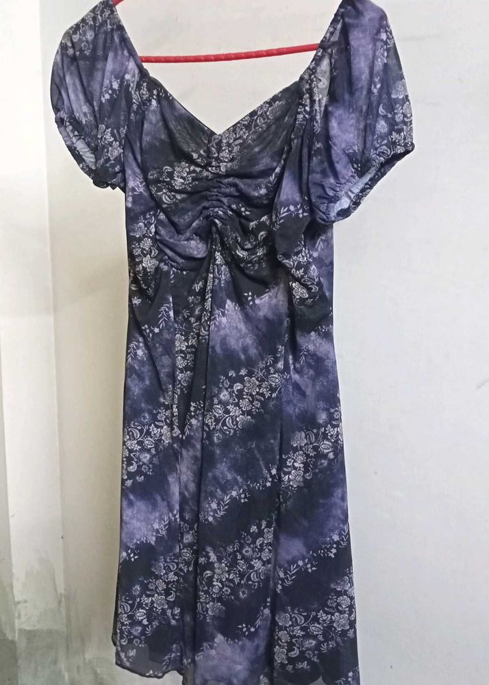 Purple Printed Dress With Pull Up String