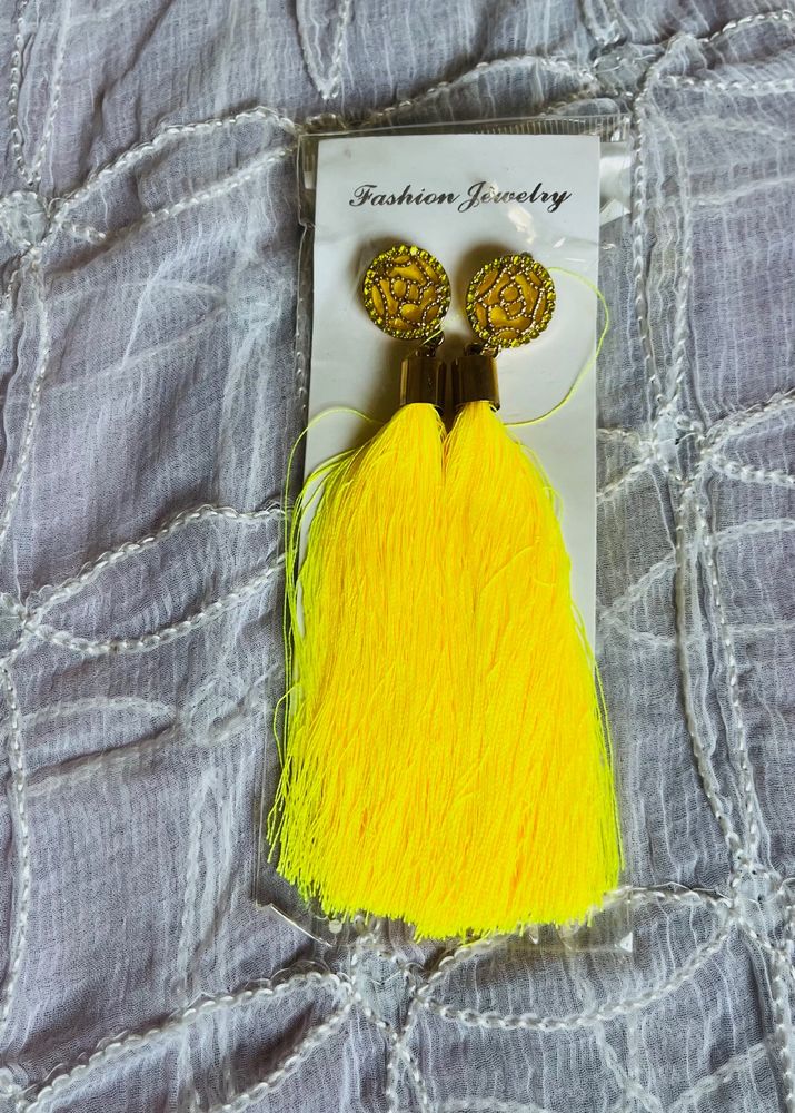 Yellow Thread Earrings Party Wear