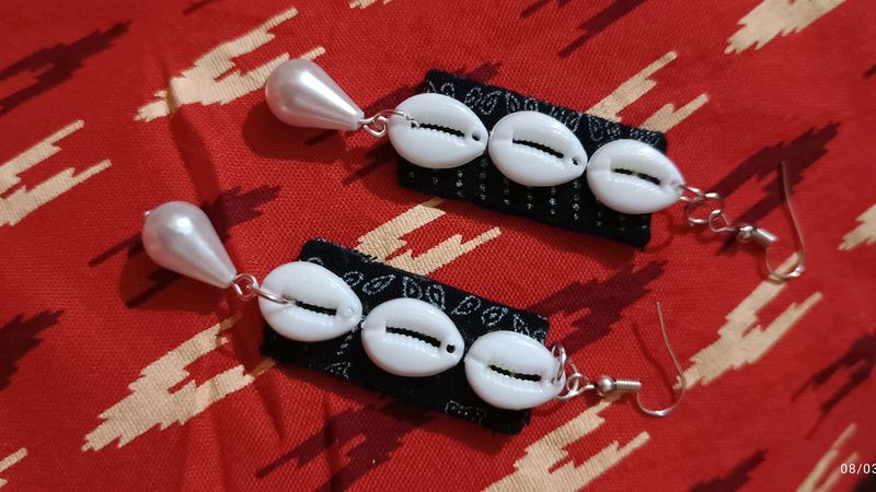 Fabric Earrings In Black with cowri Shells