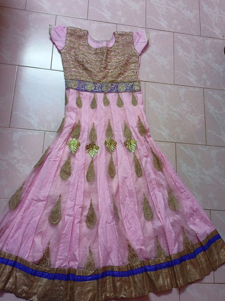 Cotton Embroidered Baby Pink Anarkali Gown