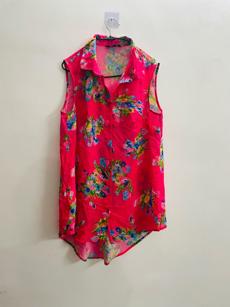 Women High Low Pink Floral Shirt Top