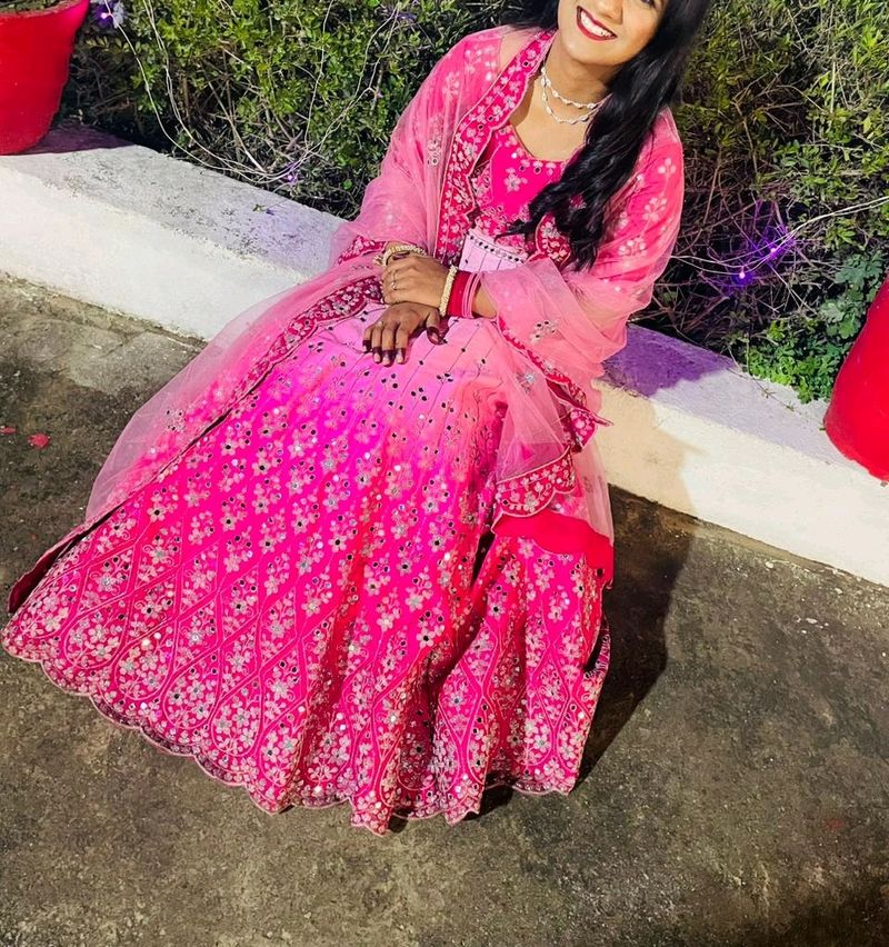 Pink Shaded Mirror Work Engagement Lehenga