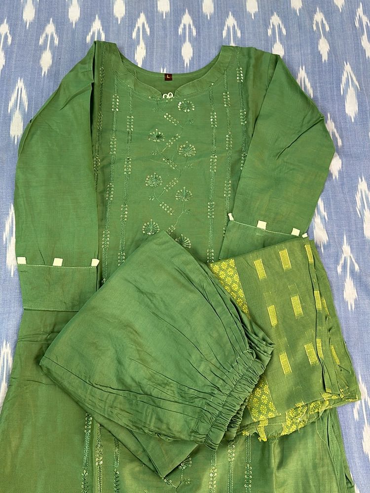 Teal Green Embroidery Kurtha Set