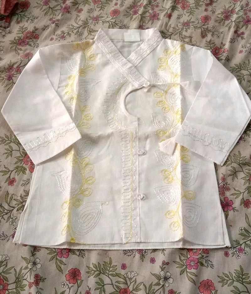 White Embroidered Dhoti Kurta For Kids