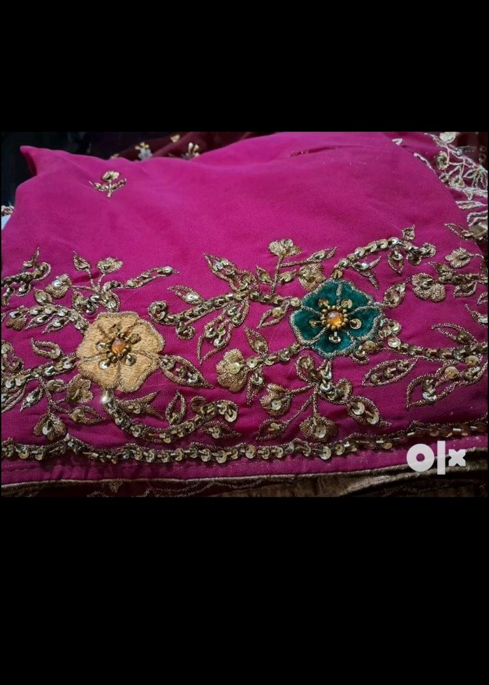 Dark Pink Saree With Embroidery Work No Ret