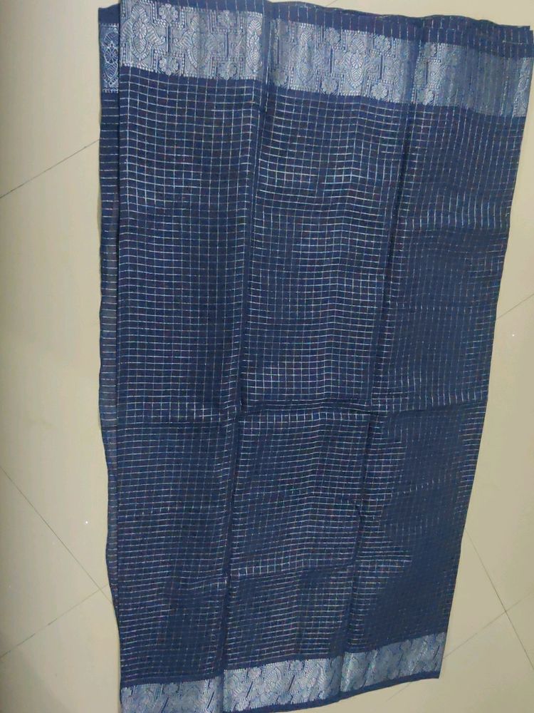 Classy Navy Blue New Sungudi Silver Checks Border