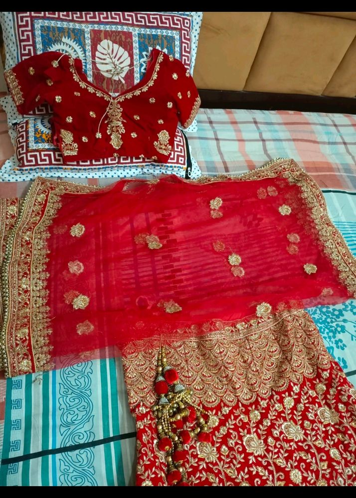 Red Velvet With Golden Work Lehenga