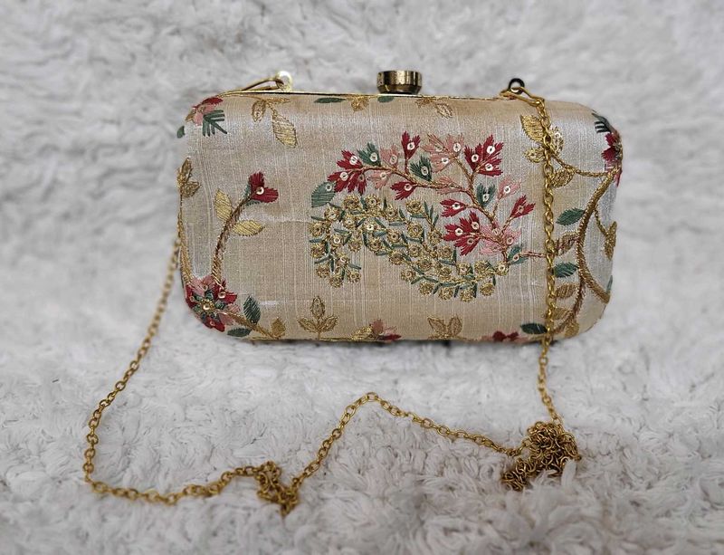 Beige Dupion Hand Embroidered Clutch Bag